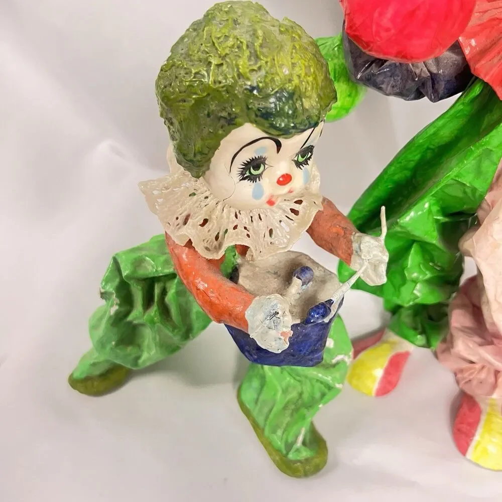 Lot Of 2 Vintage Hand Made Paper Mache Clowns Folk Art Mexico Beautiful EUC
